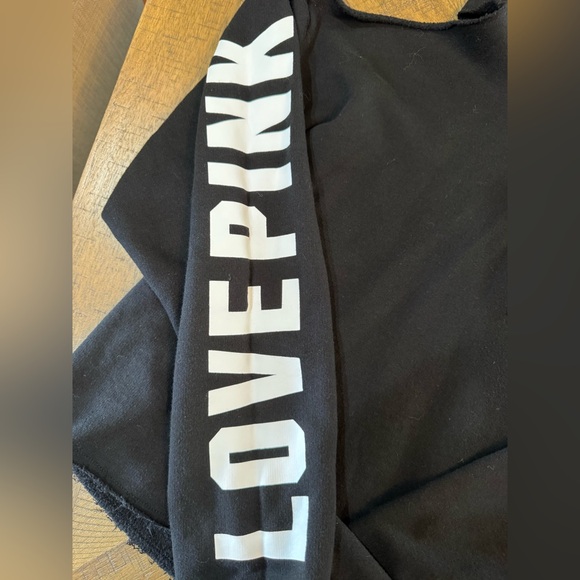 VS PINK Black Cold Shoulder Hoodie with White LOVE PINK down sleeve - Picture 6 of 11